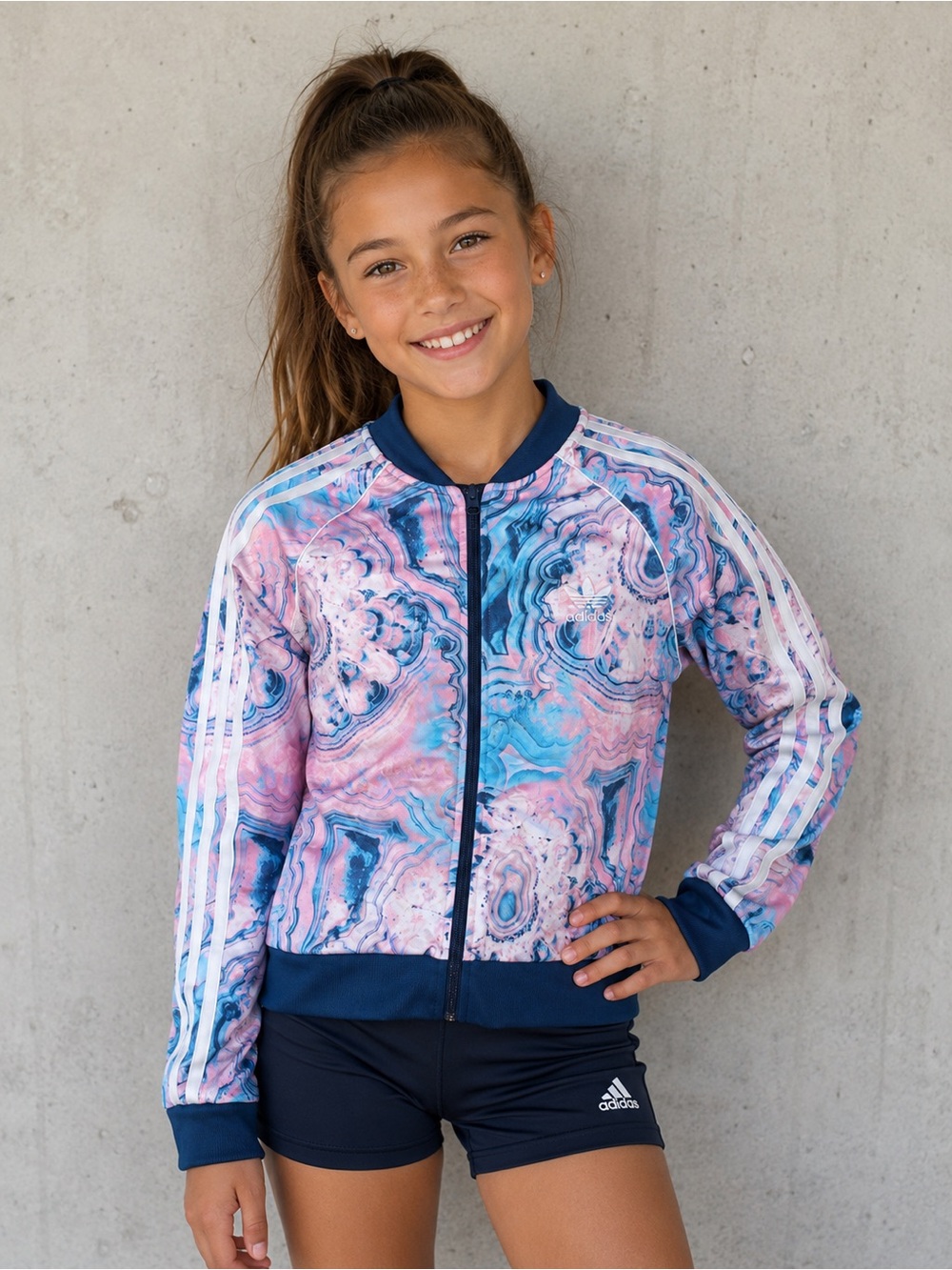 Adidas Girls Large Track Jacket Full Zip Pink Turquoise Marble Kids Superstar